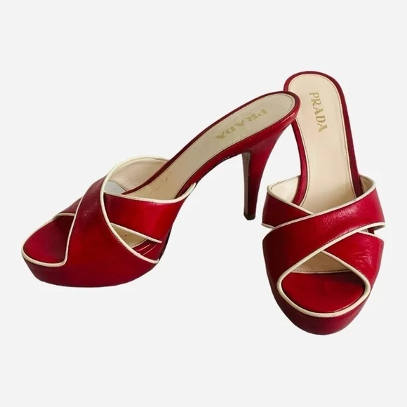 Prada Vitello Raspberry Beige Leather Platform Peep Toe High Heel Sandals